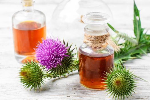 Flowering buds plant Thistle, and a small bottle of medicinal tincture