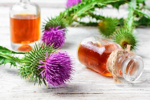 Flowering buds plant Thistle, and a small bottle of medicinal tincture