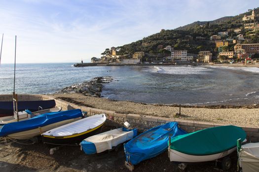 View a boathouse for fishing boats of a seaside village