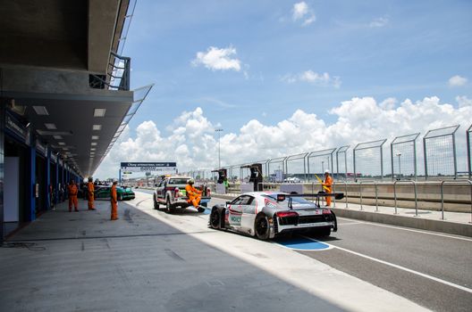 BURIRAM - THAILAND 24 : Audi R8 LMS Cup on display Buriram Super Race 2016 at Chang International Racing Circuit on July 24, 2016, Buriram, Thailand.