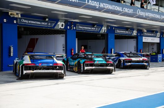 BURIRAM - THAILAND 24 : Audi R8 LMS Cup on display Buriram Super Race 2016 at Chang International Racing Circuit on July 24, 2016, Buriram, Thailand.