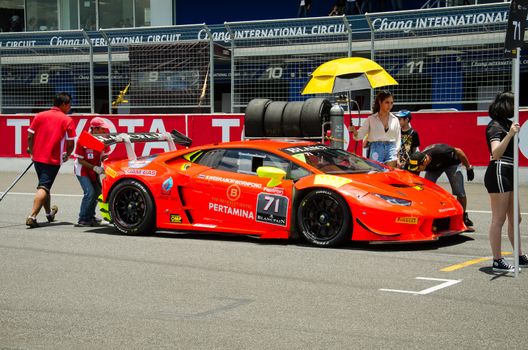 BURIRAM - THAILAND 24 : Lamborghini Super Trofeo Asia on display Buriram Super Race 2016 at Chang International Racing Circuit on July 24, 2016, Buriram, Thailand.