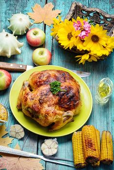 Carcass of baked chicken with side dish with grilled vegetables