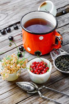 Cup with fragrant tea from the summer village currants
