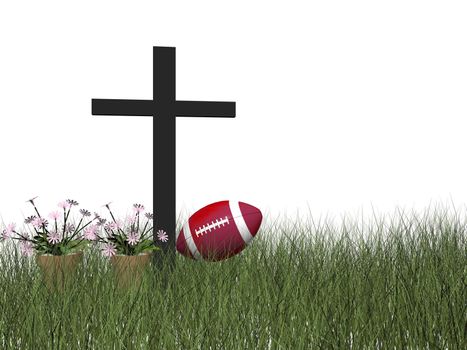sports accident symbolized by a cross anf flowers isolated in white background