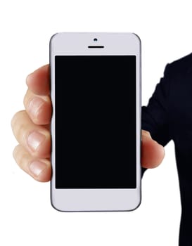 Hand showing smart phone over white