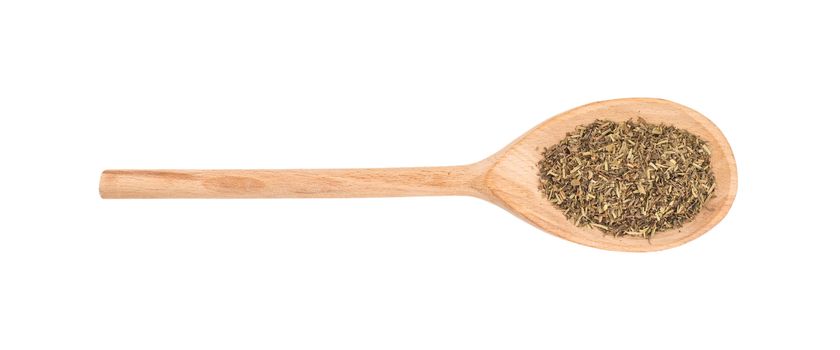 Provence herbs in a wooden spoon on a white background