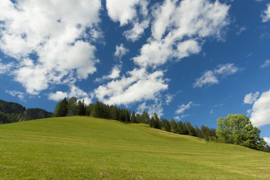 View of a hill with green grass, blue sky and white clouds