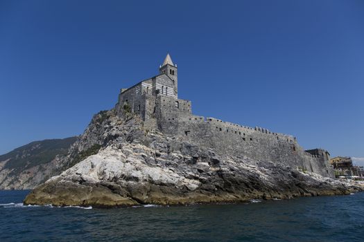 View of a church overlooking the sea in a tourist resort