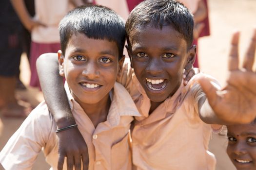 Documentary image. Pondicherry, Tamil Nadu,India - May 12 2014. School students in school, out school, in groups, with uniforms. In government school