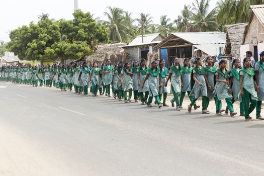 Documentary image. Pondicherry, Tamil Nadu,India - May 12 2014. School students in school, out school, in groups, with uniforms. In government school