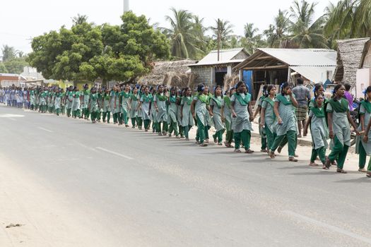 Documentary image. Pondicherry, Tamil Nadu,India - May 12 2014. School students in school, out school, in groups, with uniforms. In government school