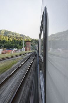 Train leaving the station seen from the window