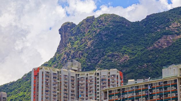 hong kong public estate with landmark lion rock at day