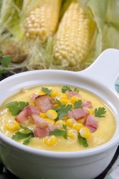 Puree soup with  mealies with slices of fried bacon with parsley