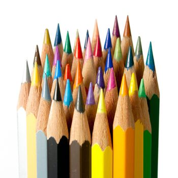 An assortment of color pencils on white background