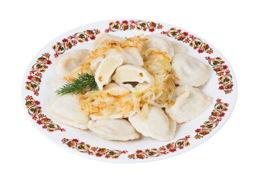 Ukrainian dumplings with potatoes on plate on white background, isolated