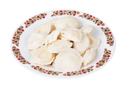 Ukrainian dumplings with  cottage cheese on plate on white background, isolated