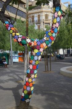 Trees in Tenerife adorned with crochet patterns