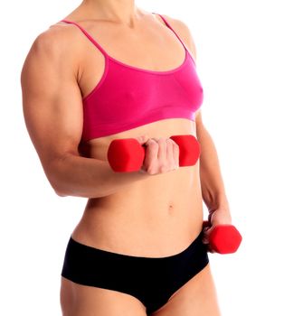 Strong woman with red barbells