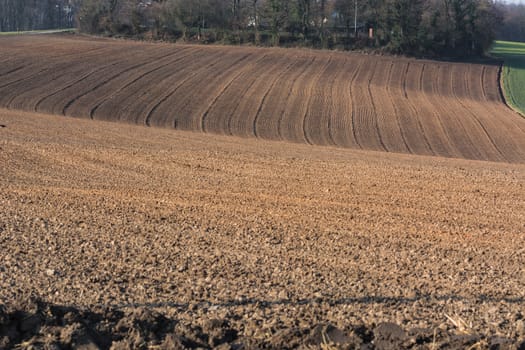 Freshly plowed field with furrows in Germany.