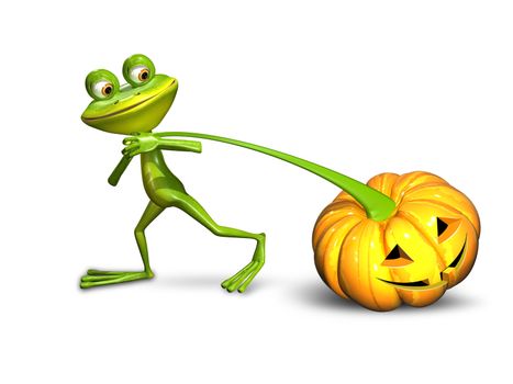 3d illustration of a frog pulling a pumpkin on a white background