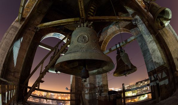 Night viewat the full moon of the bells at the Cathedrals' belfry in Penza, Russia