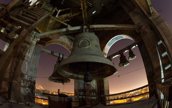 Night view at the full moon of the bells at the Cathedrals' belfry in Penza, Russia