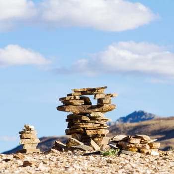 Small Buddhist stupas, collected in the form of a stack of zen stones in the vicinity of the Tso Moriri lake (Himalayas, Ladakh, India)