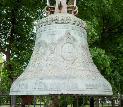 Giant bell from the temporary outdoors belfry of the cathedral of the Assumption of the Blessed Virgin Mary (Yaroslavl, Golden Ring of Russia)