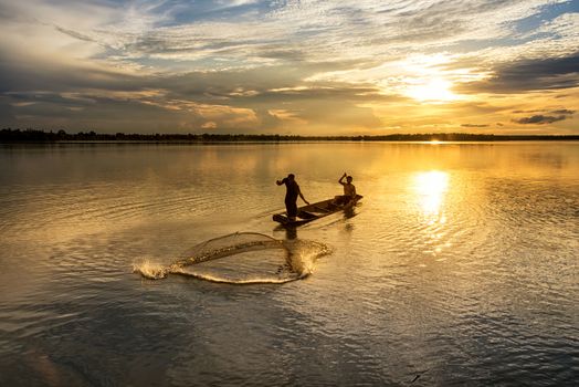 Silhouette of fish lift nets ,Wanonniwat ,Sakon Nakhon, Thailand