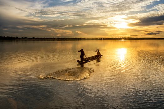 Silhouette of fish lift nets ,Wanonniwat ,Sakon Nakhon, Thailand