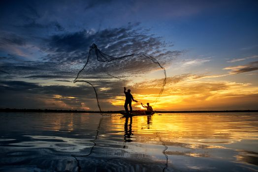 Silhouette of fish lift nets ,Wanonniwat ,Sakon Nakhon, Thailand