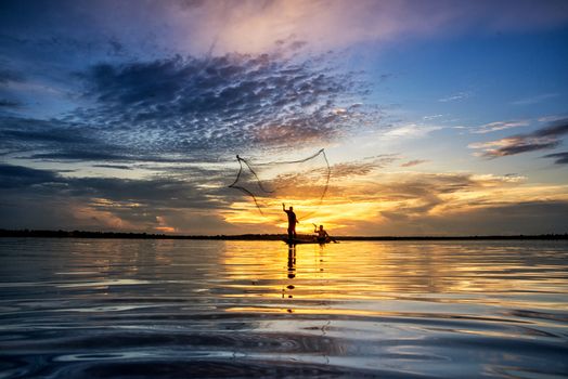 Silhouette of fish lift nets ,Wanonniwat ,Sakon Nakhon, Thailand