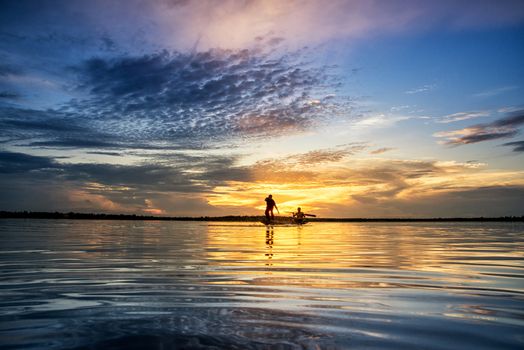 Silhouette of fish lift nets ,Wanonniwat ,Sakon Nakhon, Thailand