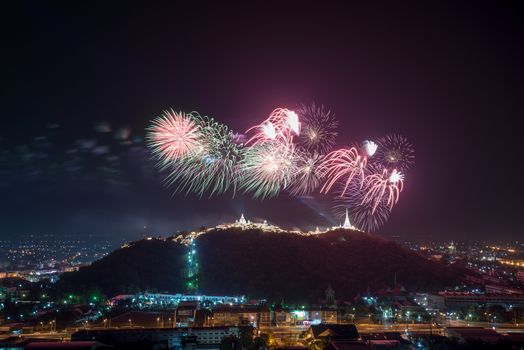 Fireworks show over Khao wang Historical Park, Petchaburi, thailand