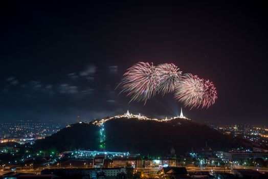 Fireworks show over Khao wang Historical Park, Petchaburi, thailand