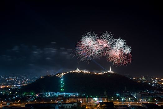 Fireworks show over Khao wang Historical Park, Petchaburi, thailand