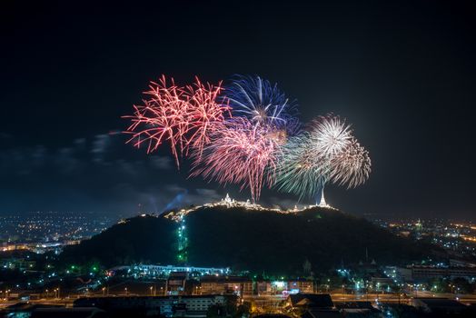 Fireworks show over Khao wang Historical Park, Petchaburi, thailand