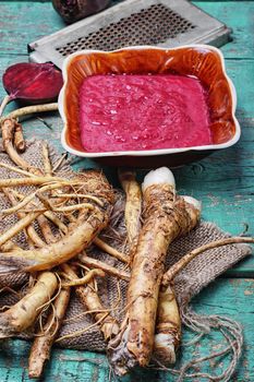 Tabasco spice from the roots of plant horseradish, country-style