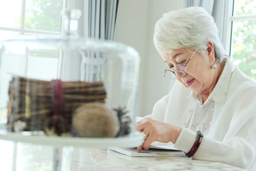 Senior woman reading a book at home