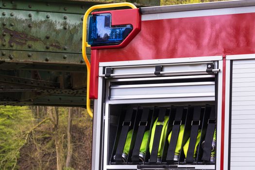 Constituents of a fire safety equipment in an erase groups Vehicle German Fire department.