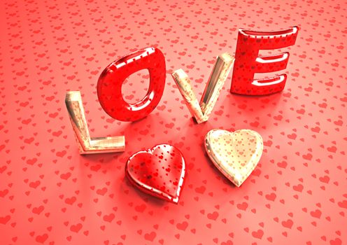 Dimensional inscription of LOVE and hearts near it. 3D illustration.