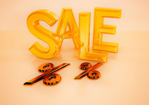 Dimensional inscription of SALE and percents near it. 3D illustration.