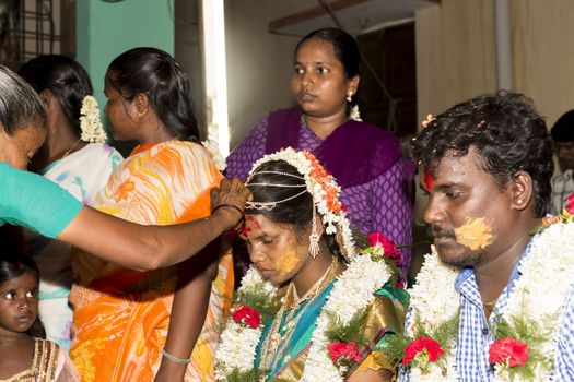 Pondicherry, Tamil Nadu, India - May 11, 2014 : Once month before birth of the baby, families celebrate the soon birth, with village people, offerings, ceremony, gifts