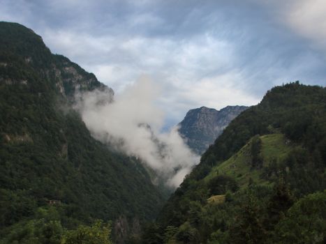 Cloudy Austrian Alp Valley after Heavy Rainfall at Golling Pass Lueg
