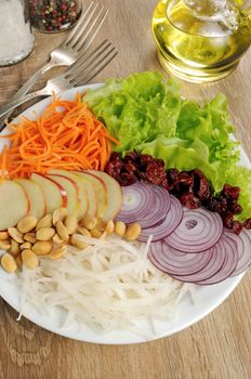 Dietary salad with apples, daikon, carrots, lettuce ,  cranberries and peanuts