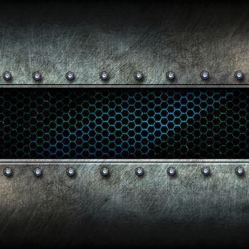 grunge metal and green mesh. 3d illustration. background and texture.