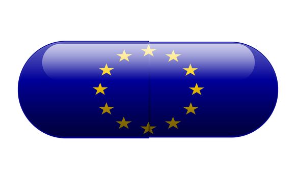Pill wrapped in a European Union Flag, illustration.