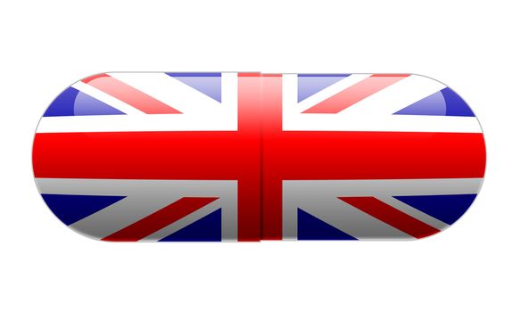 Pill wrapped in a Union Jack Flag, illustration.